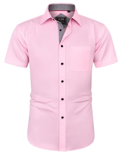 J.VER Herren Hemd Kurzarm Freizeithemd mit Tasche Regular Fit Businesshemd Bügelleichte Oberteile Männer Modern,Rosa,2XL von J.VER