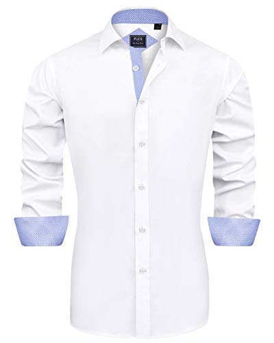 J.VER Herren Hemd Regular Fit Langarm Herrenhemden Freizeithemd Regular Businesshemd elastiscer Musterhemd,Weiß Blau,XXL von J.VER