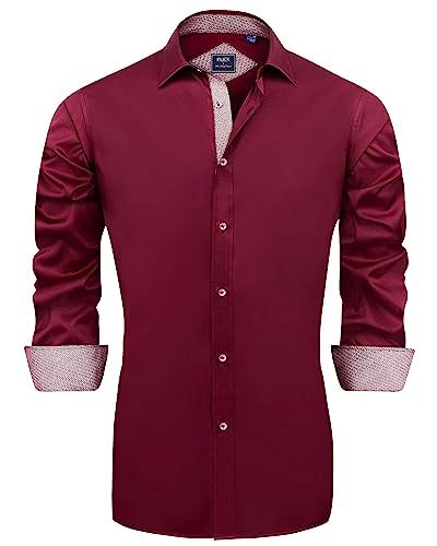 J.VER Herren Hemd Regular Fit Langarm Herrenhemden Freizeithemd Regular Businesshemd Elastiscer Musterhemd,Bordeauxrot,XXL von J.VER