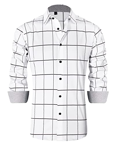 J.VER Herren Hemd Regular Fit Langarm Herrenhemden Freizeithemd Regular Businesshemd elastiscer Musterhemd,Kariert Weiß,3XL von J.VER