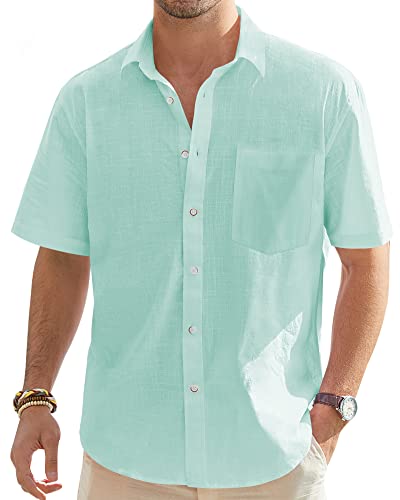 J.VER Herren Leinenhemd Kurzarm Sommerhemd Freizeithemd Kurzarmhemd Men´s Shirt Herren Klassisches Sommer Leinenhemd mit Brusttasche,Mint,3XL von J.VER