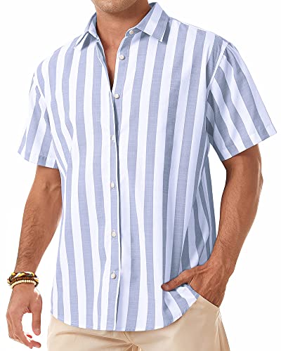 J.VER Herren Leinenhemd Kurzarm Sommerhemd Freizeithemd Kurzarmhemd Men´s Shirt Herren Klassisches Sommer Leinenhemd mit Brusttasche,Blau weiß Streifen,M von J.VER