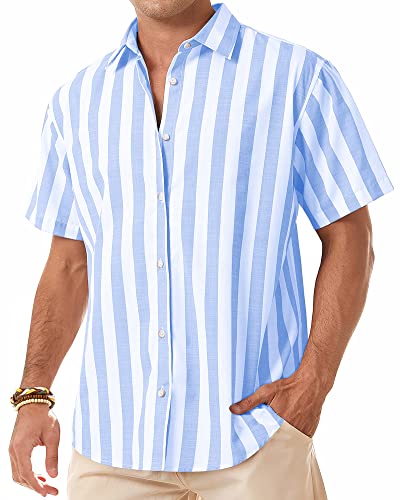 J.VER Herren Leinenhemd Kurzarm Sommerhemd Freizeithemd Kurzarmhemd Men´s Shirt Herren Klassisches Sommer Leinenhemd mit Brusttasche,Himmelblau weiß Streifen,M von J.VER