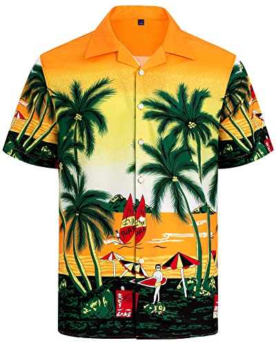 J.VER Herren Hawaiihemd Kurzarm Sommerhemd Casual Flamingo Floral Strandhemd Bügelfrei Button Down Kurzarm Hawaii Shirt Faltenfrei Urlaub Shirt,Gelb Strand,3XL von J.VER