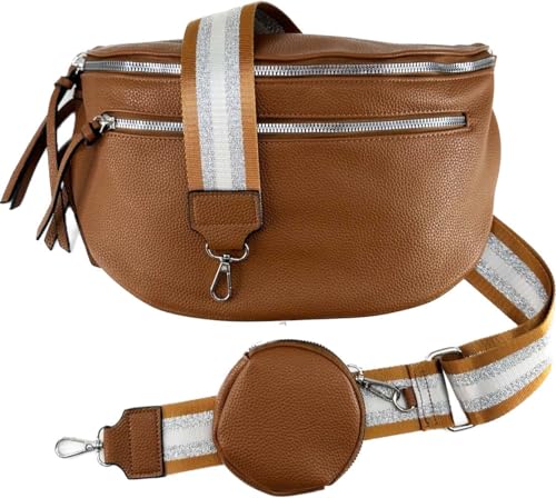 Crossbody Tasche mit Taschegurt Gürteltasche Hüfttasche Bauchtasche Umhängetasche Unisex Kunstleder mit Doppelten Reißverschluss (Camel) von J26