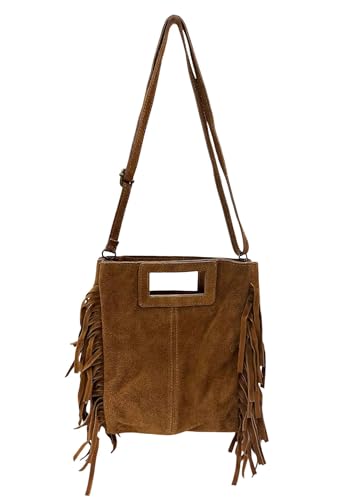 Henkeltasche Wildleder Tasche mit Fransen Shopper Veloursleder made in Italy Rauhleder Schultertasche in zwei Varianten (V1 Camel) von J26