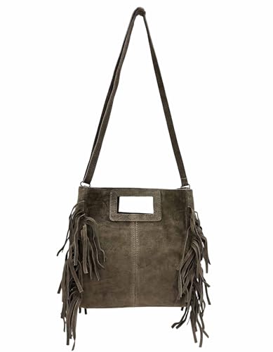 Henkeltasche Wildleder Tasche mit Fransen Shopper Veloursleder made in Italy Rauhleder Schultertasche in zwei Varianten (V1 Taupe) von J26