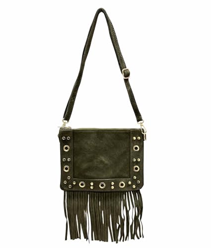 Henkeltasche Wildleder Tasche mit Fransen Shopper Veloursleder made in Italy Rauhleder Schultertasche in zwei Varianten (V3 Dunkelgrün) von J26