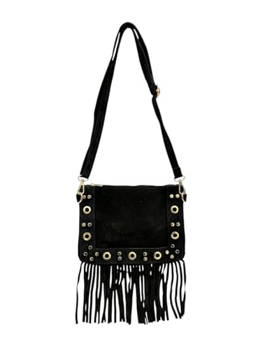 Henkeltasche Wildleder Tasche mit Fransen Shopper Veloursleder made in Italy Rauhleder Schultertasche in zwei Varianten (V3 Schwarz) von J26