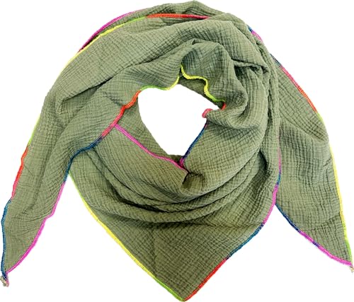 J26 Dreieck Schal aus 100% Baumwolle mit Neon Ränder Frühling Unisex Uni Fashion Stola Tuch Übergangszeit Italy Sommer Lana Wolle Strickschal Strick Tuch (Avocadogrün) von J26