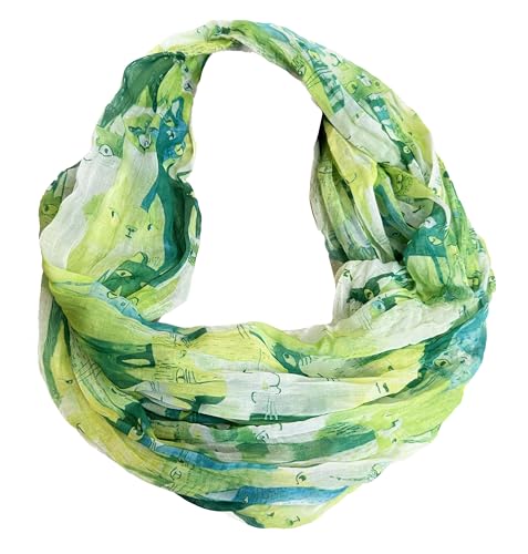 J26 Katze Fisch Cartoon Seide Sommer Loop Kätzchen Silk Stripes Regenbogen Rundschal (N Grün) von J26