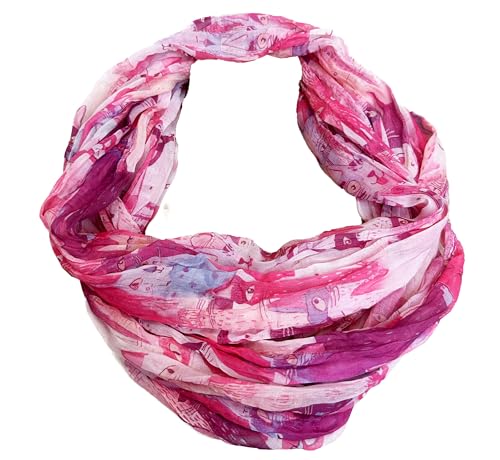 J26 Katze Fisch Cartoon Seide Sommer Loop Kätzchen Silk Stripes Regenbogen Rundschal (N Pink) von J26