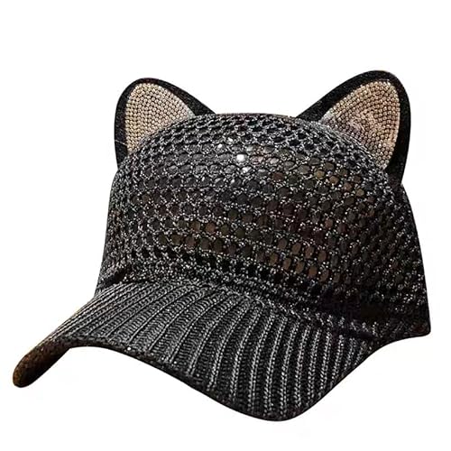 J26 Katze Ohr Hut Baseball Kappe Paillette Glänzend Spitz Süß Mütze Gltitzer Damen Kinder verstellbar (Schwarz Erw.) von J26