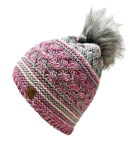 Faera Kunstfell Wintermütze Strickmütze Unisex Bommelmütze Fleece gefütterte warme Mütze Streifen Wolle (DE/NL/SE/PL, Alphanumerisch, Einheitsgröße, Schocking Pink) von J26