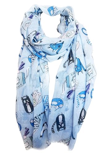 J26 Leichte Sommer Seide Tuch mit Katze Hunde Motiv XL Schal Silk Seidenschal Seindentuch Cat Dog Halstuch Hochwertig Glitzer (Blau) von J26