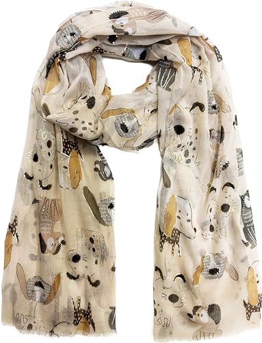 J26 Leichte Sommer Seide Tuch mit Katze Hunde Motiv XL Schal Silk Seidenschal Seindentuch Cat Dog Halstuch Hochwertig Glitzer (Glitzer Hunde Beige) von J26