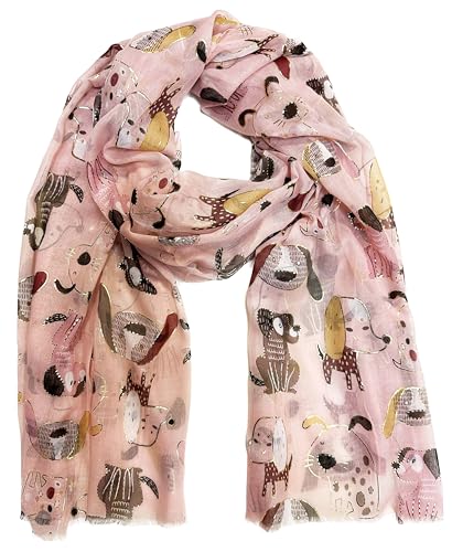 J26 Leichte Sommer Seide Tuch mit Katze Hunde Motiv XL Schal Silk Seidenschal Seindentuch Cat Dog Halstuch Hochwertig Glitzer (Glitzer Hunde Rosa) von J26
