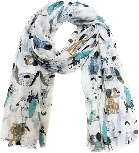 J26 Leichte Sommer Seide Tuch mit Katze Hunde Motiv XL Schal Silk Seidenschal Seindentuch Cat Dog Halstuch Hochwertig Glitzer (Glitzer Hunde Weiß) von J26