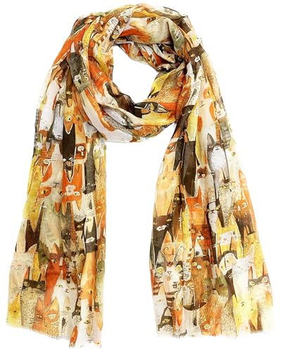 J26 Leichte Sommer Seide Tuch mit Katze Hunde Motiv XL Schal Silk Seidenschal Seindentuch Cat Dog Halstuch Hochwertig Glitzer (Glitzer Katze Orange) von J26