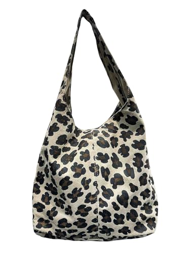 J26 Leopard Rauhleder Shopper Wildleder Veloursleder Leder Tasche Umhängetasche Unisex echtes Leder Leo Italy (M3) von J26