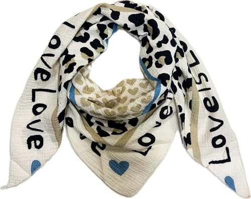 J26 Love Herz Leopard Dreieck Schal aus 100% Baumwolle Frühling Unisex Uni Fashion Stola Tuch Übergangszeit Italy Sommer Strickschal Strick Tuch Heart Leo (Beige) von J26