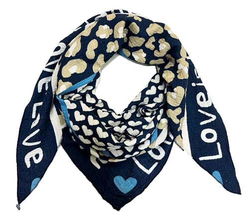 J26 Love Herz Leopard Dreieck Schal aus 100% Baumwolle Frühling Unisex Uni Fashion Stola Tuch Übergangszeit Italy Sommer Strickschal Strick Tuch Heart Leo (Dunkelblau) von J26
