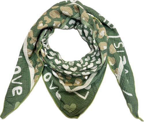 J26 Love Herz Leopard Dreieck Schal aus 100% Baumwolle Frühling Unisex Uni Fashion Stola Tuch Übergangszeit Italy Sommer Strickschal Strick Tuch Heart Leo (Dunkelgrün) von J26