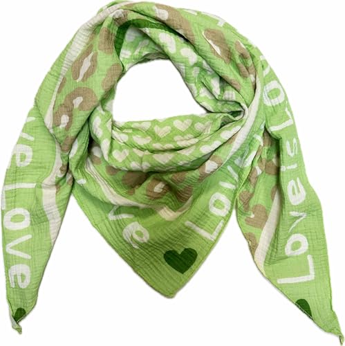 J26 Love Herz Leopard Dreieck Schal aus 100% Baumwolle Frühling Unisex Uni Fashion Stola Tuch Übergangszeit Italy Sommer Strickschal Strick Tuch Heart Leo (Hellgrün) von J26