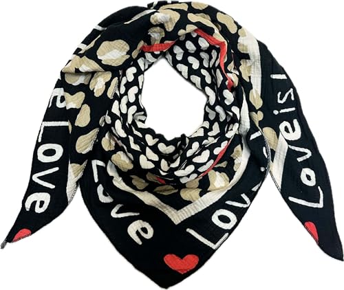 J26 Love Herz Leopard Dreieck Schal aus 100% Baumwolle Frühling Unisex Uni Fashion Stola Tuch Übergangszeit Italy Sommer Strickschal Strick Tuch Heart Leo (Schwarz) von J26