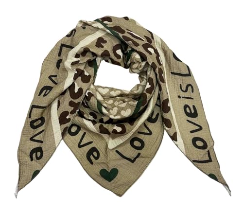 J26 Love Herz Leopard Dreieck Schal aus 100% Baumwolle Frühling Unisex Uni Fashion Stola Tuch Übergangszeit Italy Sommer Strickschal Strick Tuch Heart Leo Happy (Khaki) von J26