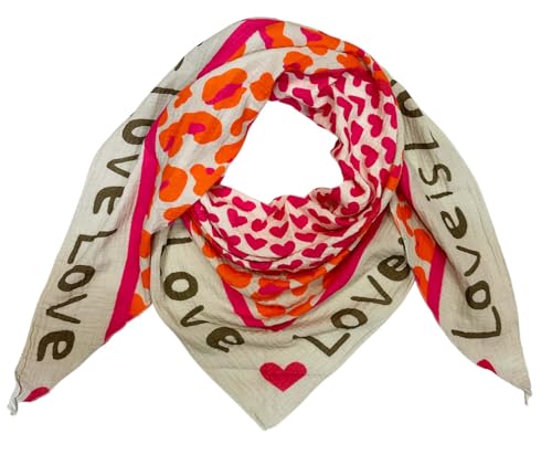 J26 Love Herz Leopard Dreieck Schal aus 100% Baumwolle Frühling Unisex Uni Fashion Stola Tuch Übergangszeit Italy Sommer Strickschal Strick Tuch Heart Leo Happy (Love BeigePink) von J26