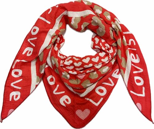 J26 Love Herz Leopard Dreieck Schal aus 100% Baumwolle Frühling Unisex Uni Fashion Stola Tuch Übergangszeit Italy Sommer Strickschal Strick Tuch Heart Leo Happy (Love Rot) von J26