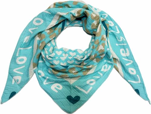 J26 Love Herz Leopard Dreieck Schal aus 100% Baumwolle Frühling Unisex Uni Fashion Stola Tuch Übergangszeit Italy Sommer Strickschal Strick Tuch Heart Leo Happy (Love Türkis) von J26