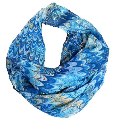 J26 Paisley Blume Rose Seide Glitzer Gold Sommer Frühling Loop Verlauf Regenbogen Rainbow Silk Uni Rundschal Schlauchschal Stola Schal leicht (Welle Glitzer Blau) von J26