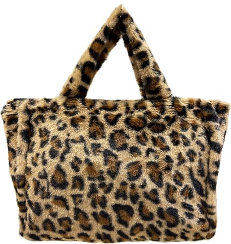 J26 Teddyfell Leopard Optik Shopper Tasche Schultertasche Henkeltasche Tote Bag Beutel Vlies Leo (Camel) von J26