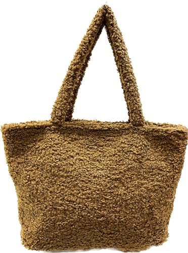 J26 Teddyfell Optik Shopper Tasche Schultertasche Henkeltasche Tote Bag Beutel Vlies (Braun) von J26