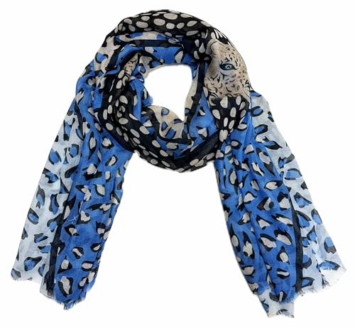 J26 XL Schal mit Leopard Leo Muster Tuch Sommer Frühling Herbst Halstuch Stola Tuch Übergangsschal Baumwolle Gepard (Blau) von J26