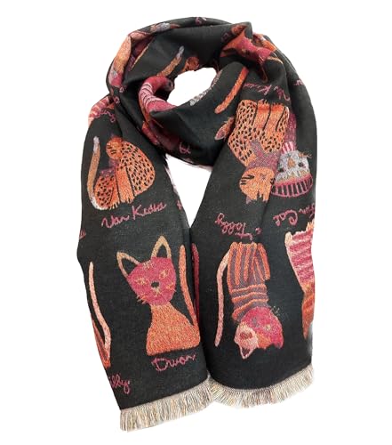 J26 XXL Herbst Bärchen Katzen Schal Baumwolle Winter Schal Stola Tuch Übergangsschal (Katze Schwarz Rot) von J26