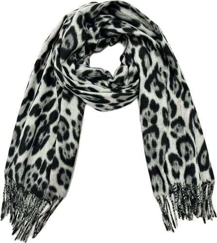J26 XXL Leopard Schal Herbst Winter Schal Stola Tuch Übergangsschal Baumwolle mit Fransen Leo (Schwarz) von J26