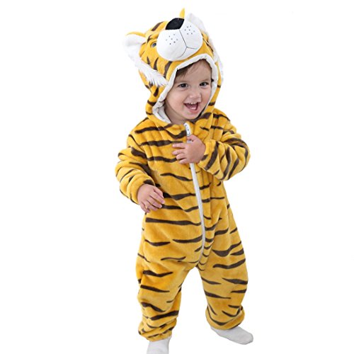 Kinder Tier Kostüme Tieroutfit Flanell Pyjama Schlafanzug Mädchen Jungen Winter Nachtwäsche Cosplay Jumpsuit (DE/NL/SE/PL, Numerisch, 100, Regular, Tiger) von J26