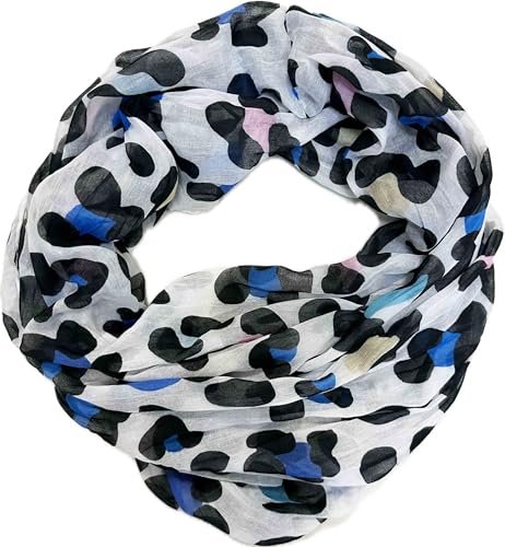 Leo Leopard Loop Schal aus Seidenmischung mit Animal Print Muster Tuch Sommer Frühling Herbst Halstuch Stola Tuch Übergangsschal Seide Silk (Blau) von J26