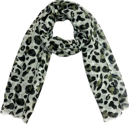 J26 Leo Leopard Schal aus Seidenmischung mit Leo Muster Tuch Sommer Frühling Herbst Halstuch Stola Tuch Übergangsschal Seide Silk (Grün) von J26
