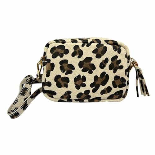 Leopard Rauhleder Veloursleder Leder Tasche Clutch Gürteltasche Crossbody Hüfttasche Bauchtasche Umhängetasche Unisex echtes Leder Leo Italy (V2 Beige) von J26