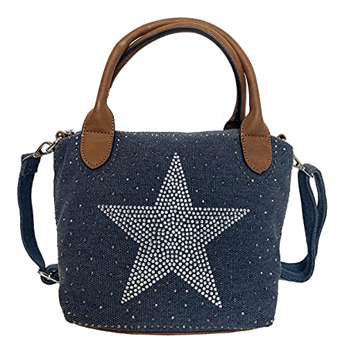 STERN Strass Glitzer Small Star Damen kleine Tasche Canvas Stoff Fashion Henkeltasche Schultertasche Stofftasche Mini Mädchen (Dunkelblau) von J26