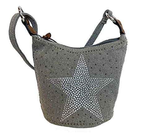 STERN Strass Glitzer Small Star Damen kleine Tasche Canvas Stoff Fashion Henkeltasche Schultertasche Stofftasche Mini Mädchen (Grau) von J26