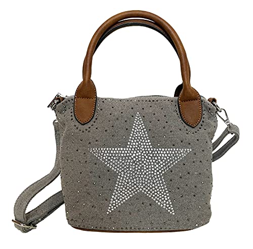 STERN Strass Glitzer Small Star Damen kleine Tasche Canvas Stoff Fashion Henkeltasche Schultertasche Stofftasche Mini Mädchen (Grau) von J26