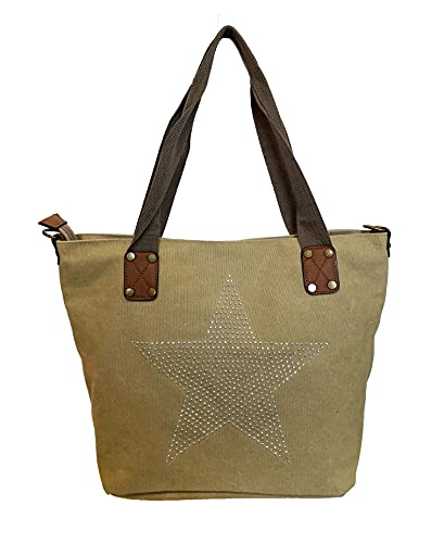 STERN Strass Glitzer Star Damen Tasche Canvas Stoff Fashion Shopper Henkeltasche Schultertasche Stofftasche Pu Leder (Beige) von J26