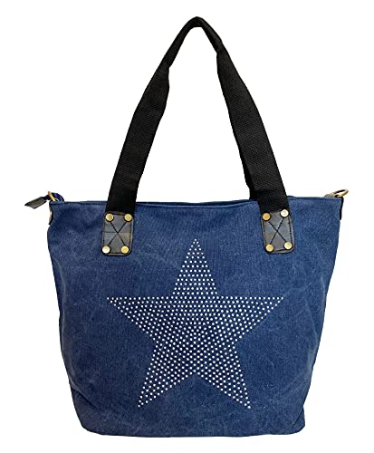 STERN Strass Glitzer Star Damen Tasche Canvas Stoff Fashion Shopper Henkeltasche Schultertasche Stofftasche Pu Leder (Blau) von J26