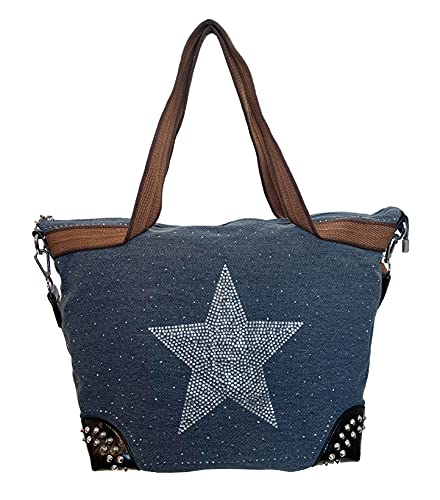 STERN Strass Glitzer Star Damen Tasche Canvas Stoff Fashion Shopper Henkeltasche Schultertasche Stofftasche Pu Leder (Blau) von J26