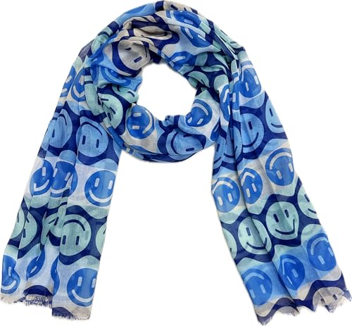 Smiley Schal aus Seidenmischung mit Smile Muster Tuch Sommer Frühling Herbst Halstuch Stola Tuch Übergangsschal Baumwolle Gesicht Face (Blau) von J26